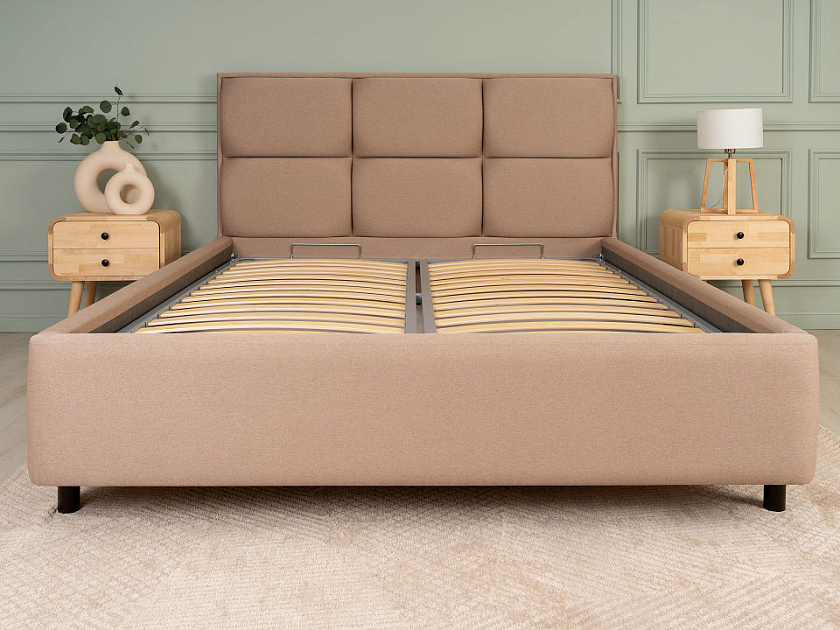Кровать Malina 200x190 Ткань: Рогожка Тетра Бежевый - Изящная кровать без встроенного основания из массива сосны с мягкими элементами.