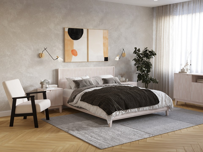 Кровать Tempo 200x190 Массив (бук) Масло-воск Беленый - Кровать из массива с вертикальной фрезеровкой и декоративным обрамлением изголовья