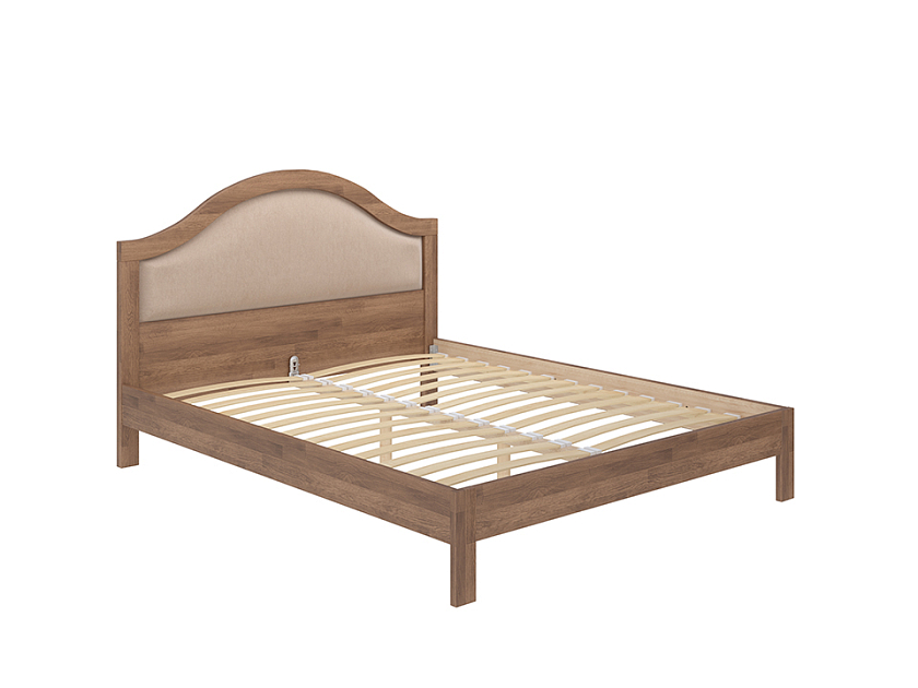 Кровать Ontario 160x200 Ткань/Массив Тетра Имбирь/Антик (сосна) - Уютная кровать из массива с мягким изголовьем